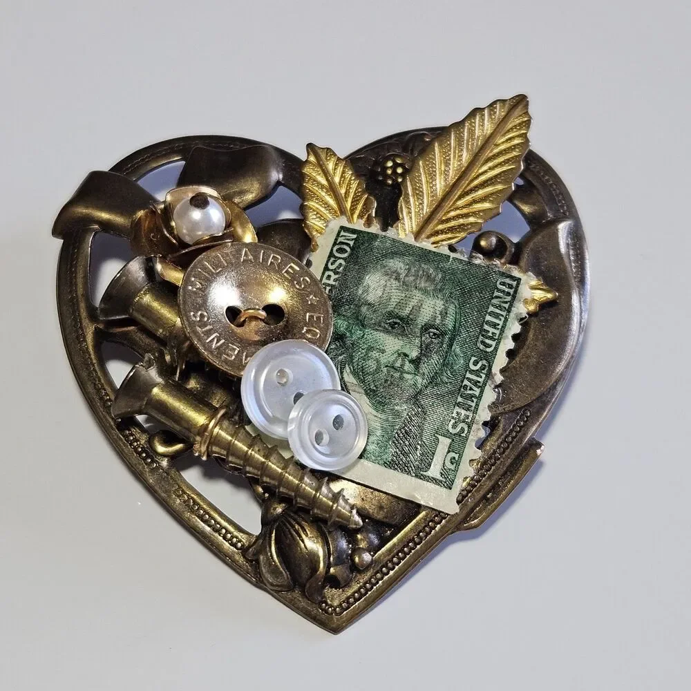 Ooak Vintage Heart Tramp Art Folk Art Brooch Pin Unique Eclectic